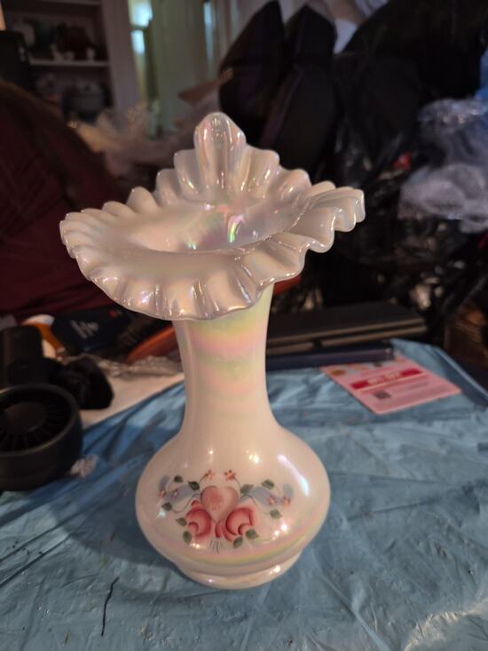 Fenton Other - Vintage Fenton White 0palescence Hearts And Flowers Jack In The Pulpit Vase With